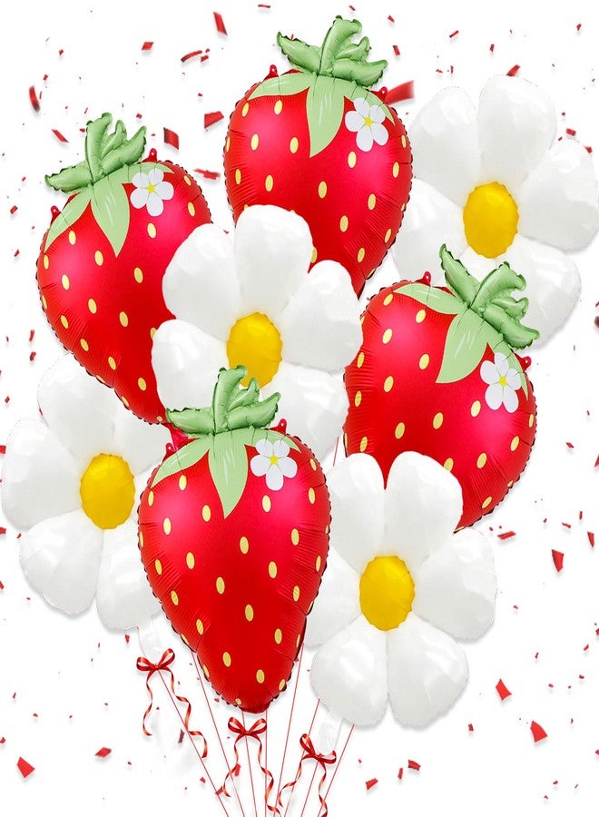YOUDICT 8 PCS Strawberry Balloons Daisy Balloons Red Berry Foil Balloons for Strawberry Themed Birthday Party Decorations Berry First Birthday Decorations - Image 1